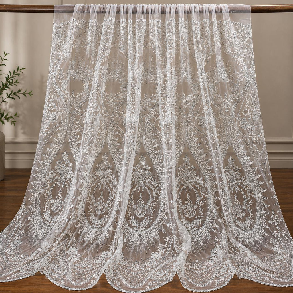 White Silver Beaded Lace Fabric by the Yard, Sequin Embroidered Tulle Mesh, Scalloped Bridal Lace for Wedding Dress & Couture Gown