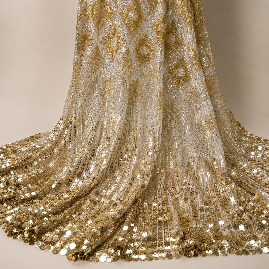 Gold Silver Geometric Sequin Fabric by the Yard, Luxury Metallic Mesh Fabric for Evening Gown, Prom Dress, Formal Wear, 52 Inch Wide