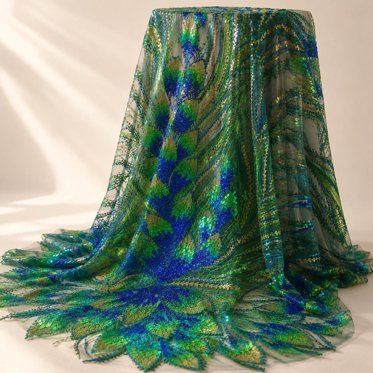 Green Blue Peacock Feather Sequin Fabric by the Yard, Embroidered Mesh Lace, Prom Dress Evening Gown Couture Fabric