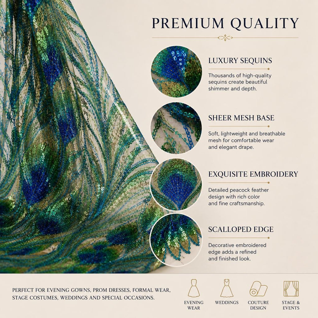 Green Blue Peacock Feather Sequin Fabric by the Yard, Embroidered Mesh Lace, Prom Dress Evening Gown Couture Fabric