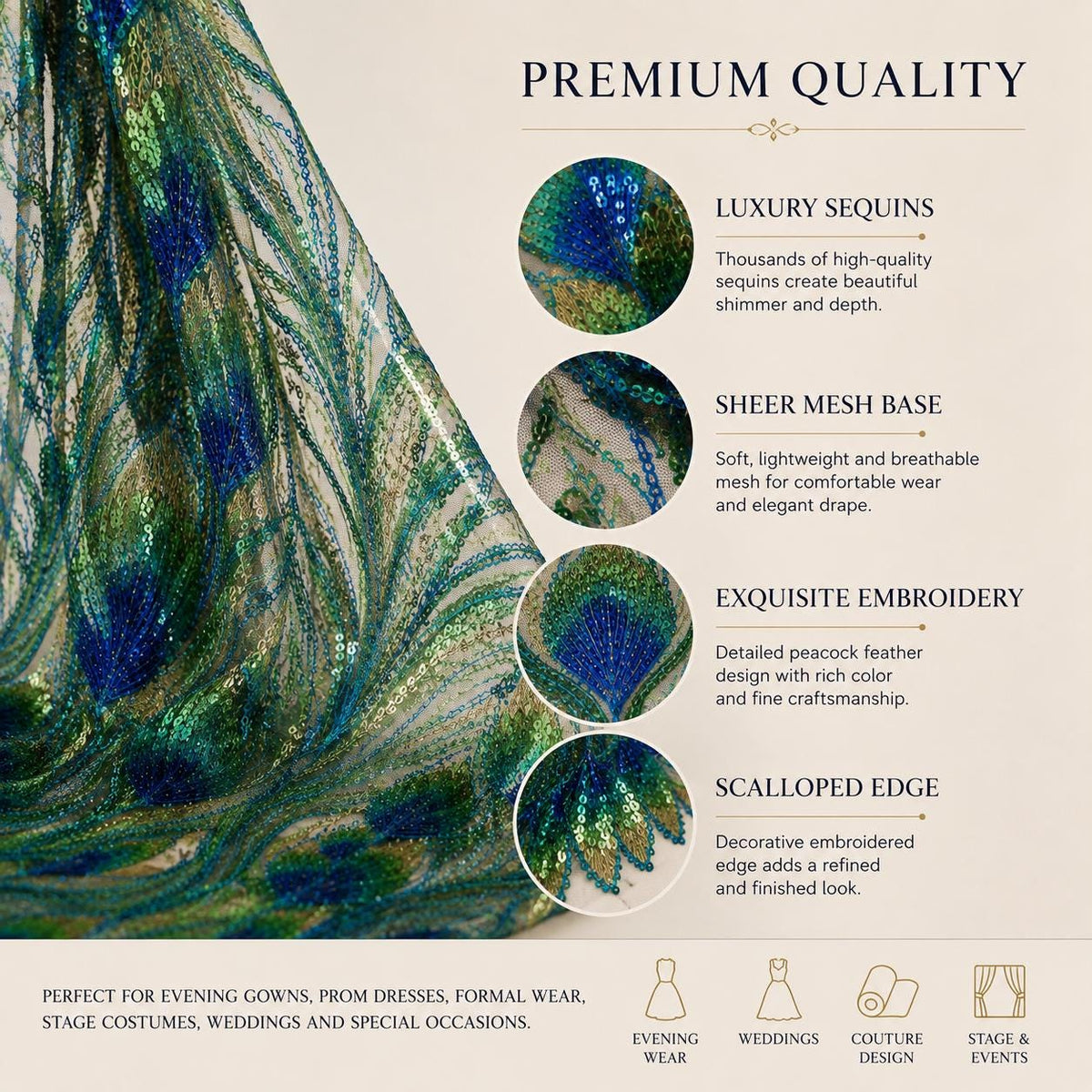 Green Blue Peacock Feather Sequin Fabric by the Yard, Embroidered Mesh Lace, Prom Dress Evening Gown Couture Fabric