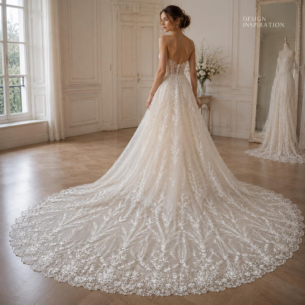 Ivory Botanical Sequin Lace Fabric by the Yard, Embroidered Tulle Bridal Lace, Wedding Dress Gown Veil Border Fabric
