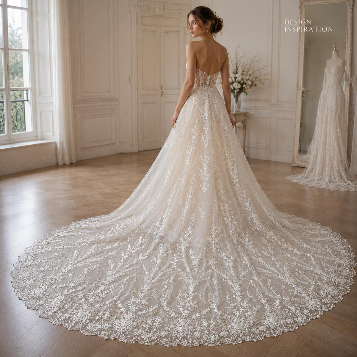 Ivory Botanical Sequin Lace Fabric by the Yard, Embroidered Tulle Bridal Lace, Wedding Dress Gown Veil Border Fabric