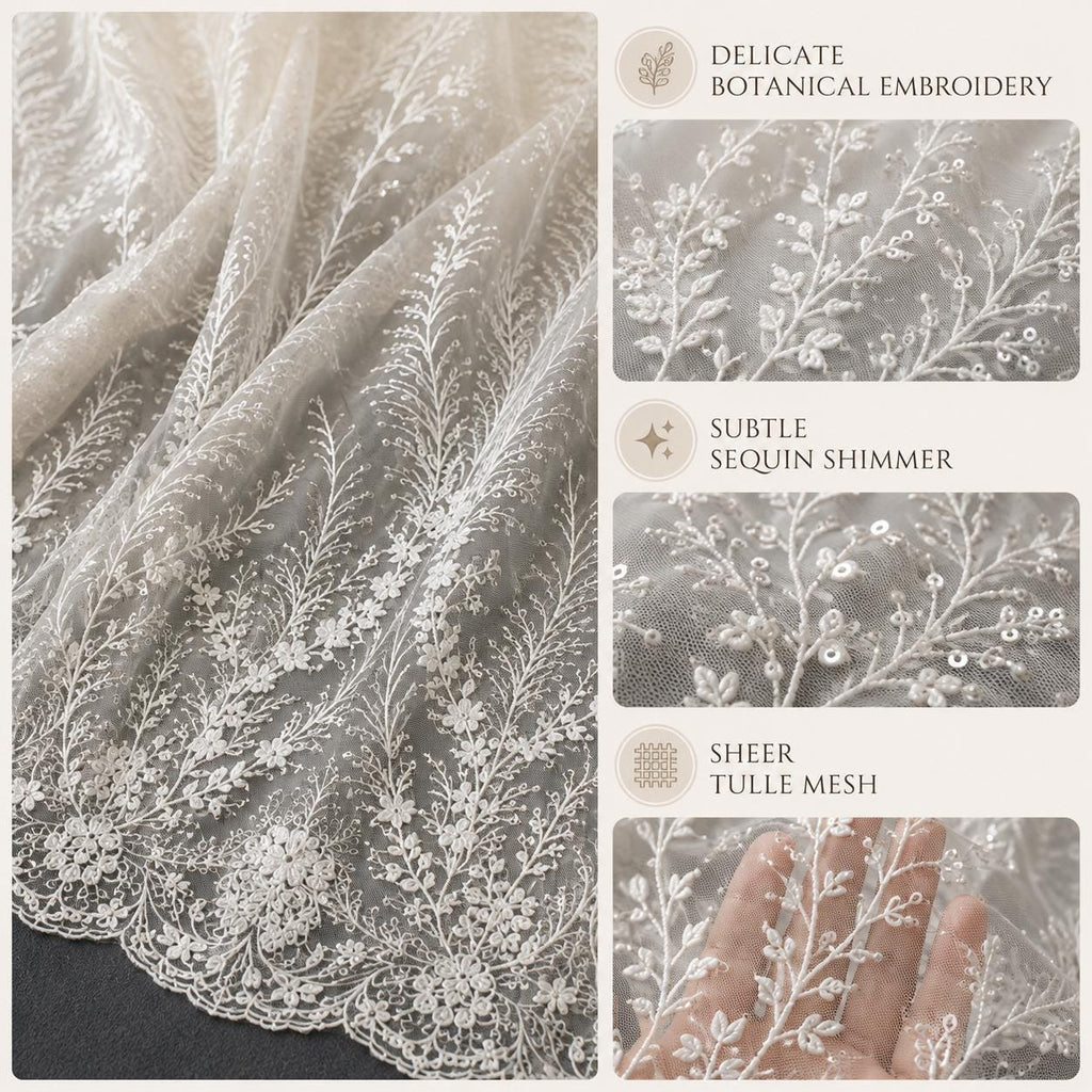 Ivory Botanical Sequin Lace Fabric by the Yard, Embroidered Tulle Bridal Lace, Wedding Dress Gown Veil Border Fabric