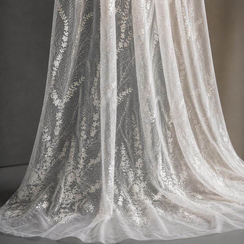 Ivory Botanical Sequin Lace Fabric by the Yard, Embroidered Tulle Bridal Lace, Wedding Dress Gown Veil Border Fabric