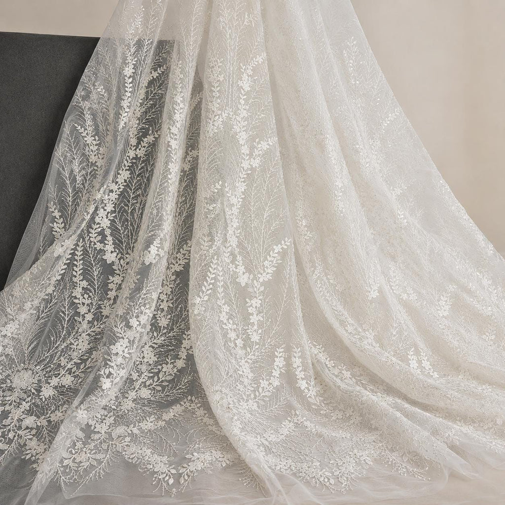 Ivory Botanical Sequin Lace Fabric by the Yard, Embroidered Tulle Bridal Lace, Wedding Dress Gown Veil Border Fabric