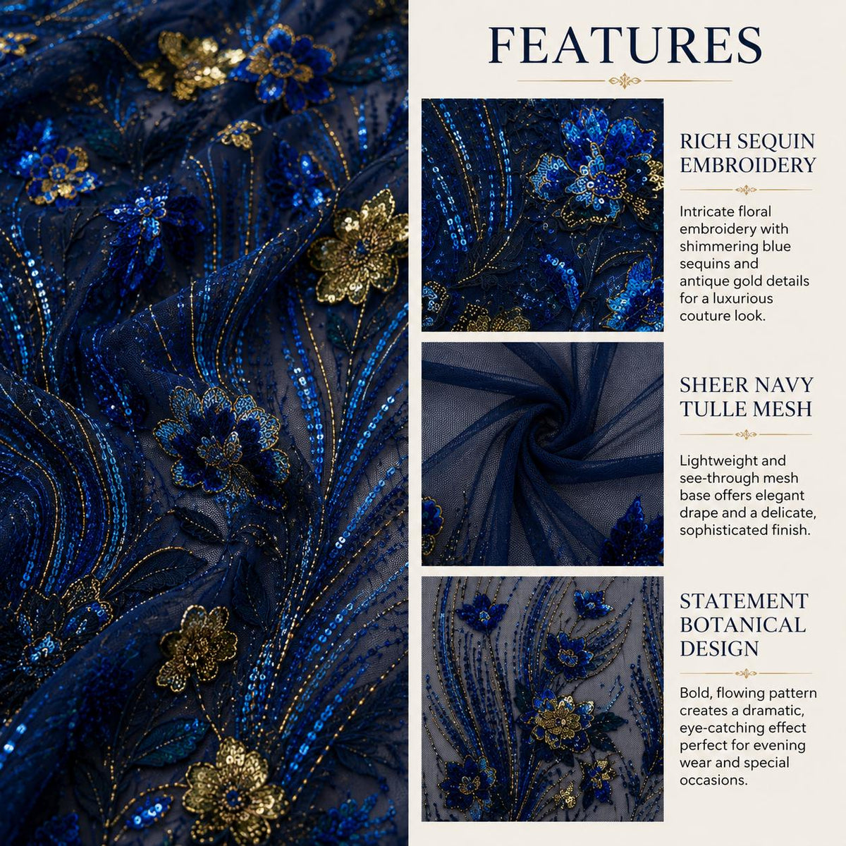 Navy Blue Gold Sequin Lace Fabric by the Yard, Floral Embroidered Tulle Mesh, Evening Gown Prom Dress Couture Fabric
