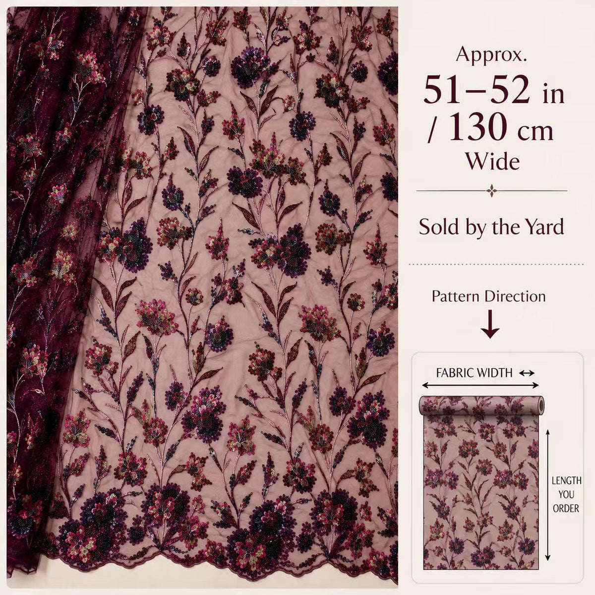 Burgundy Floral Beaded Sequin Lace Fabric by the Yard, Multicolor Embroidered Mesh for Prom Dress, Evening Gown & Couture