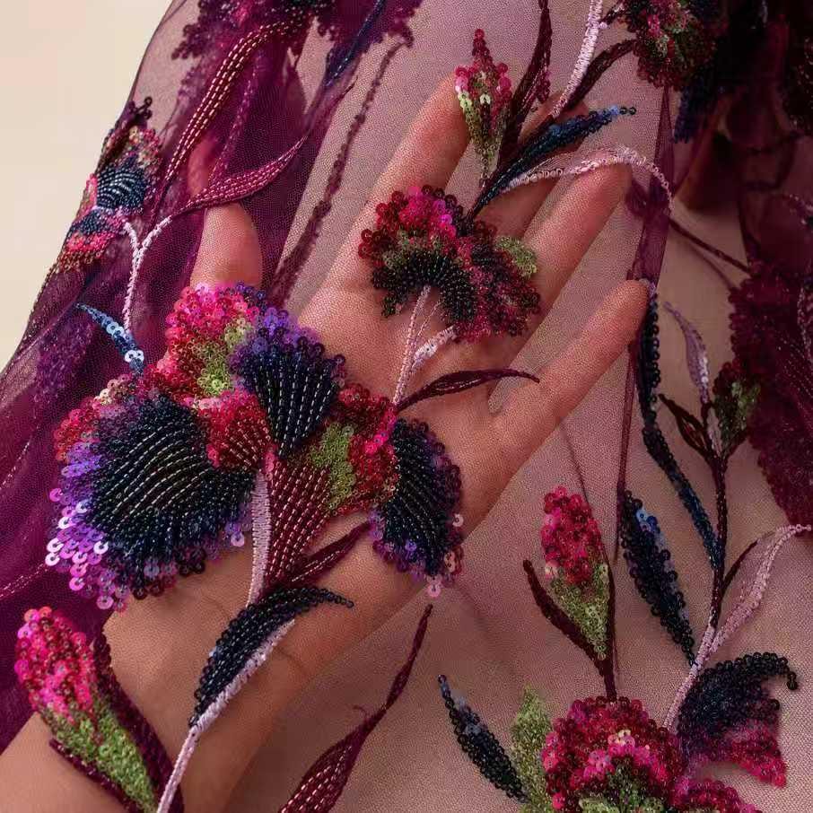 Burgundy Floral Beaded Sequin Lace Fabric by the Yard, Multicolor Embroidered Mesh for Prom Dress, Evening Gown & Couture