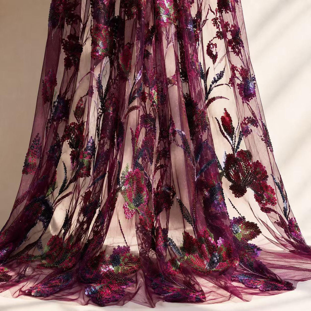 Burgundy Floral Beaded Sequin Lace Fabric by the Yard, Multicolor Embroidered Mesh for Prom Dress, Evening Gown & Couture