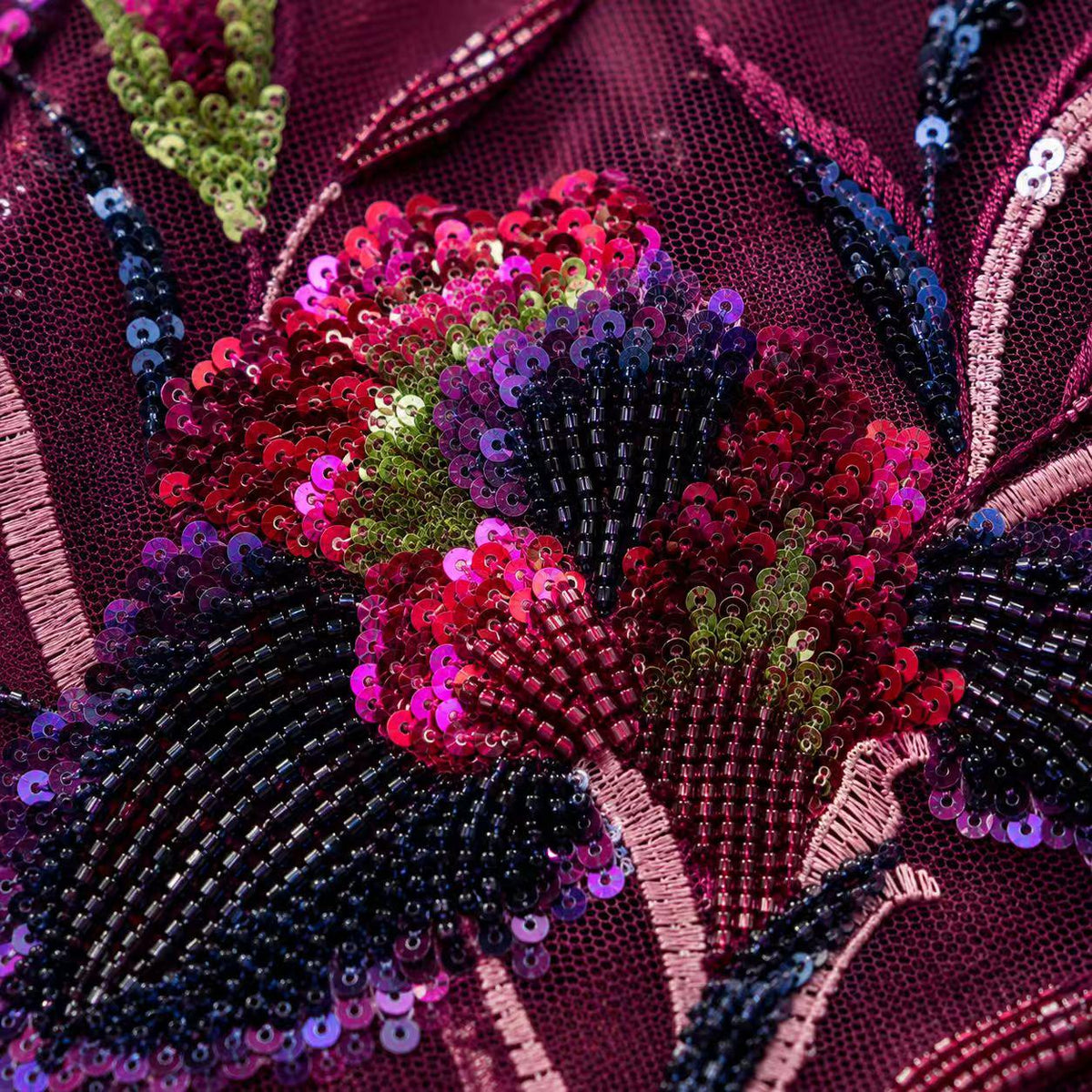 Burgundy Floral Beaded Sequin Lace Fabric by the Yard, Multicolor Embroidered Mesh for Prom Dress, Evening Gown & Couture