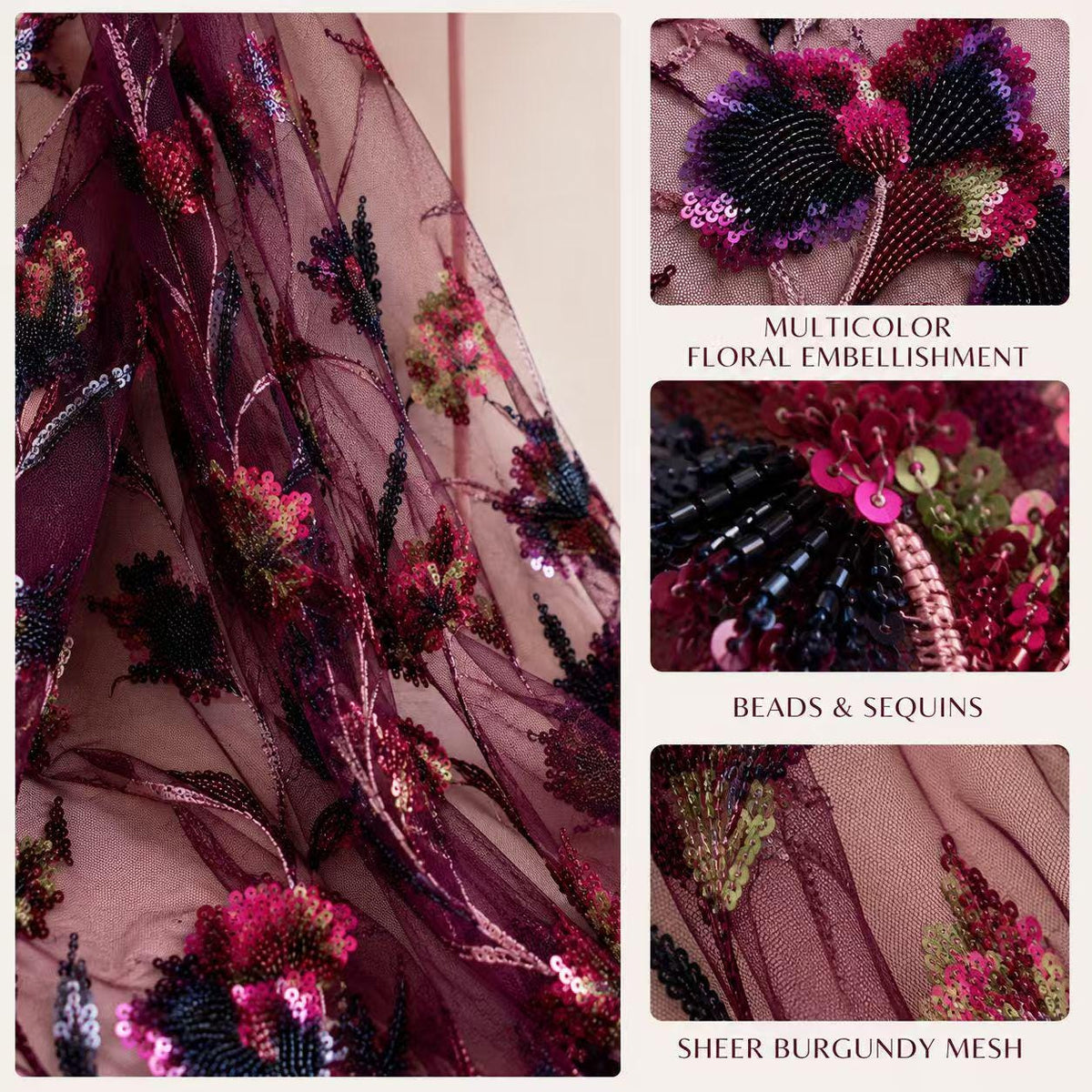 Burgundy Floral Beaded Sequin Lace Fabric by the Yard, Multicolor Embroidered Mesh for Prom Dress, Evening Gown & Couture
