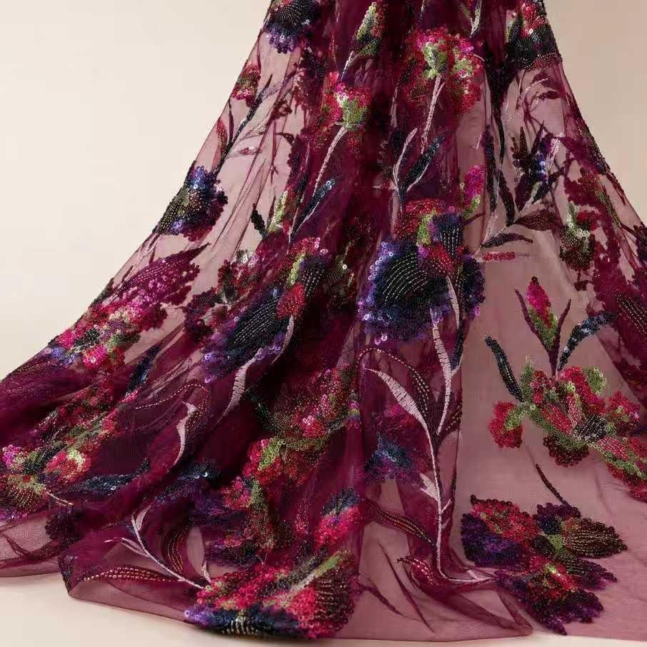 Burgundy Floral Beaded Sequin Lace Fabric by the Yard, Multicolor Embroidered Mesh for Prom Dress, Evening Gown & Couture
