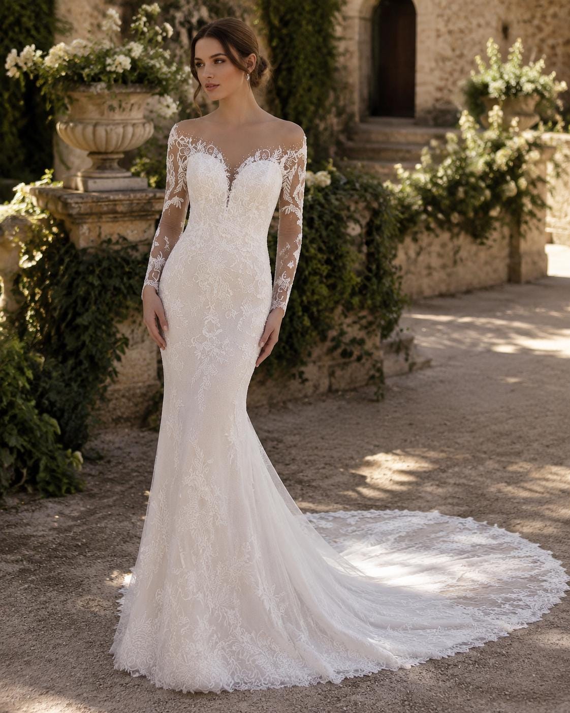 Long Sleeve Mermaid Lace Wedding Dress with Illusion Back