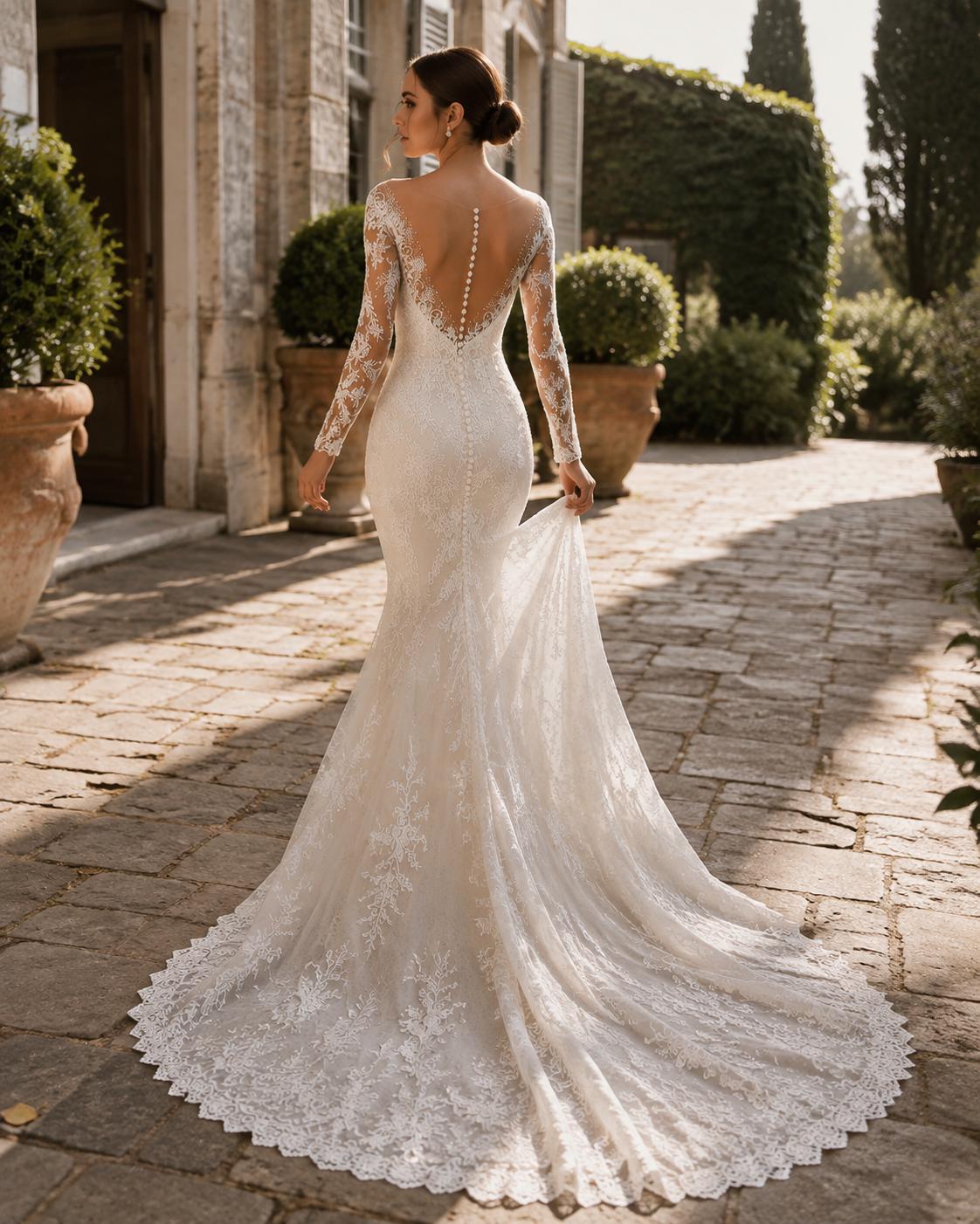 Long Sleeve Mermaid Lace Wedding Dress with Illusion Back