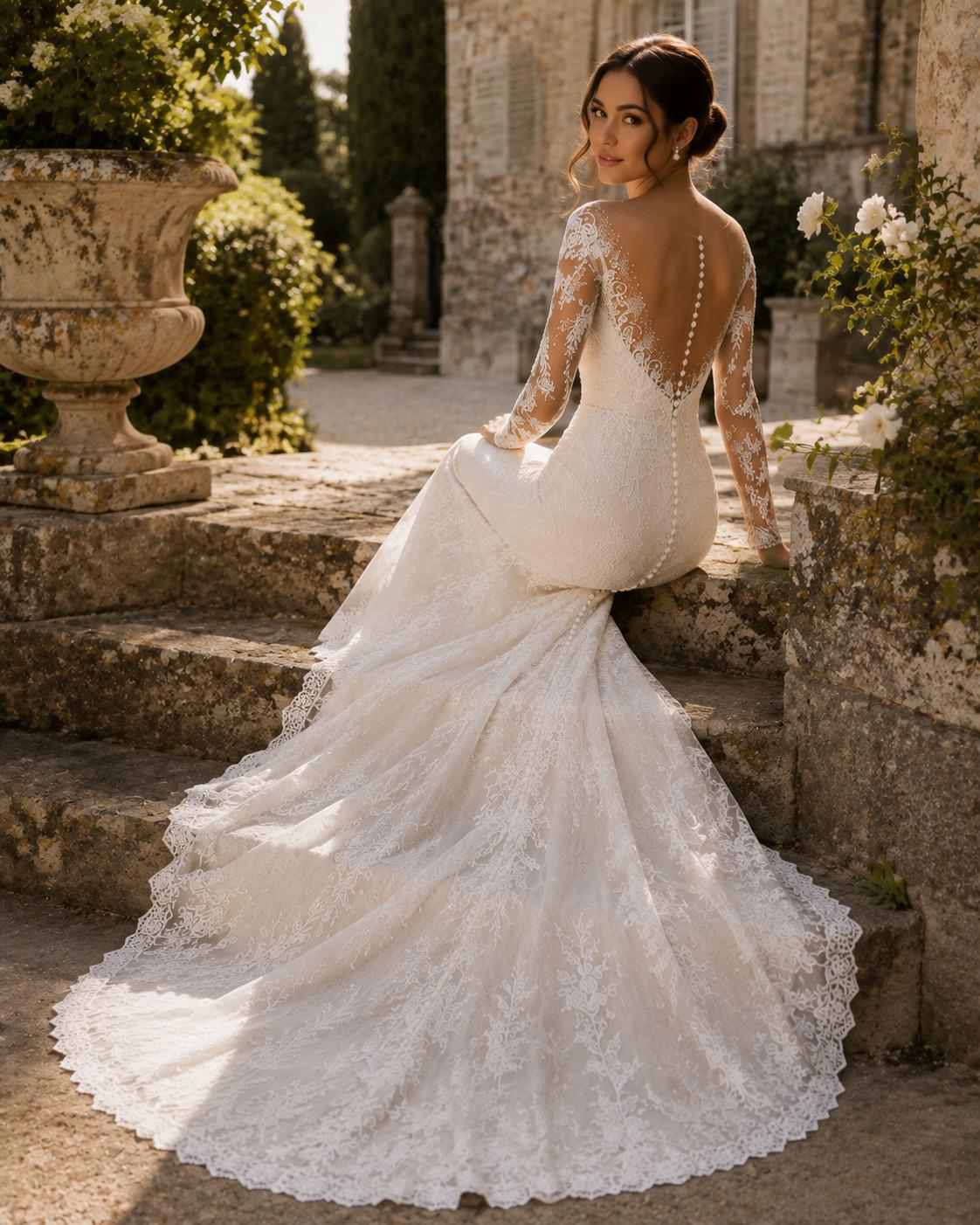 Long Sleeve Mermaid Lace Wedding Dress with Illusion Back