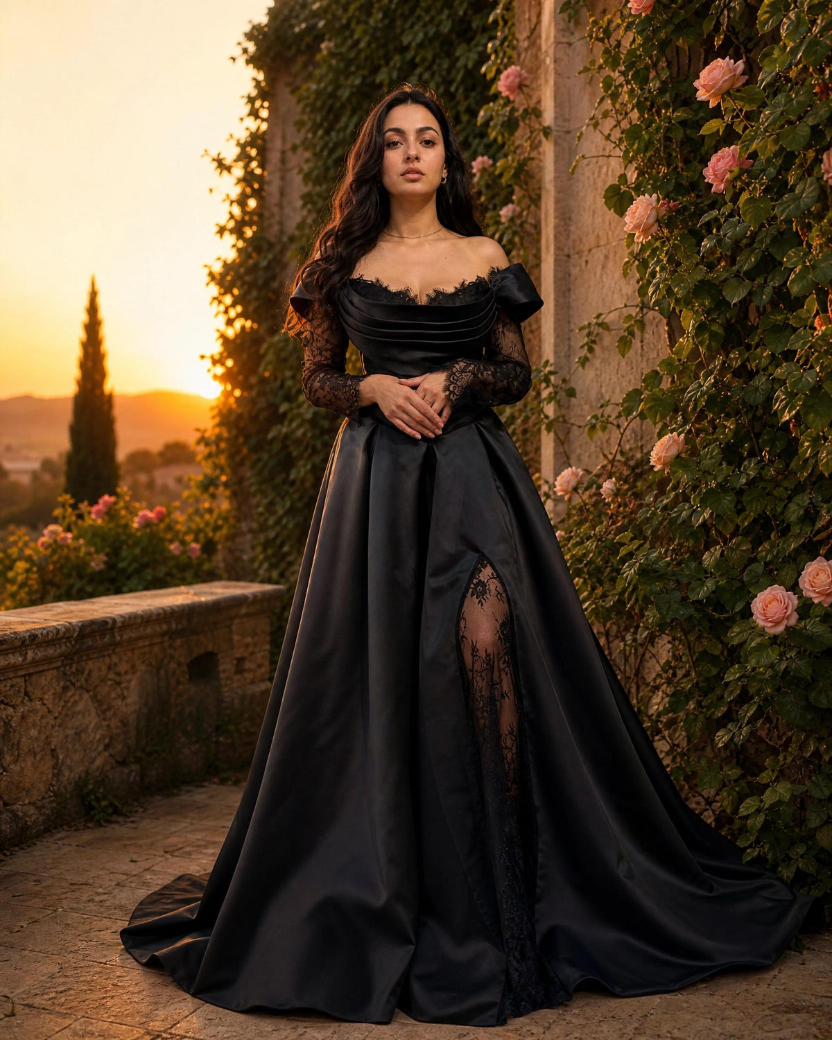 Black Off Shoulder Satin Ball Gown | Lace Sleeve Evening Dress | Elegant Formal Gown with Train | Gothic Wedding Guest Dress | Custom Made