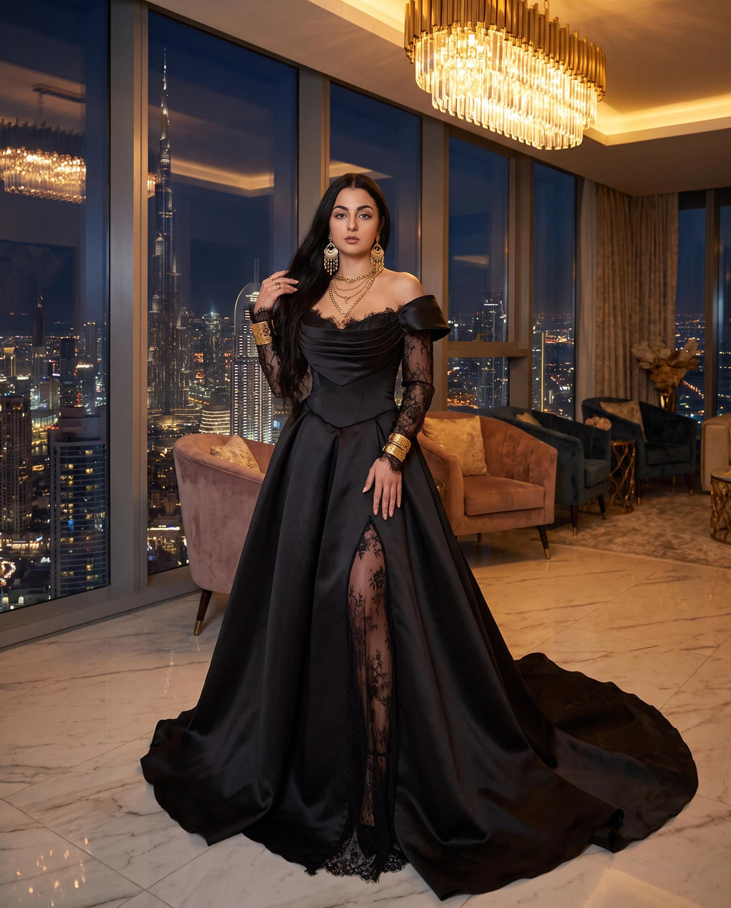 Black Off Shoulder Satin Ball Gown | Lace Sleeve Evening Dress | Elegant Formal Gown with Train | Gothic Wedding Guest Dress | Custom Made