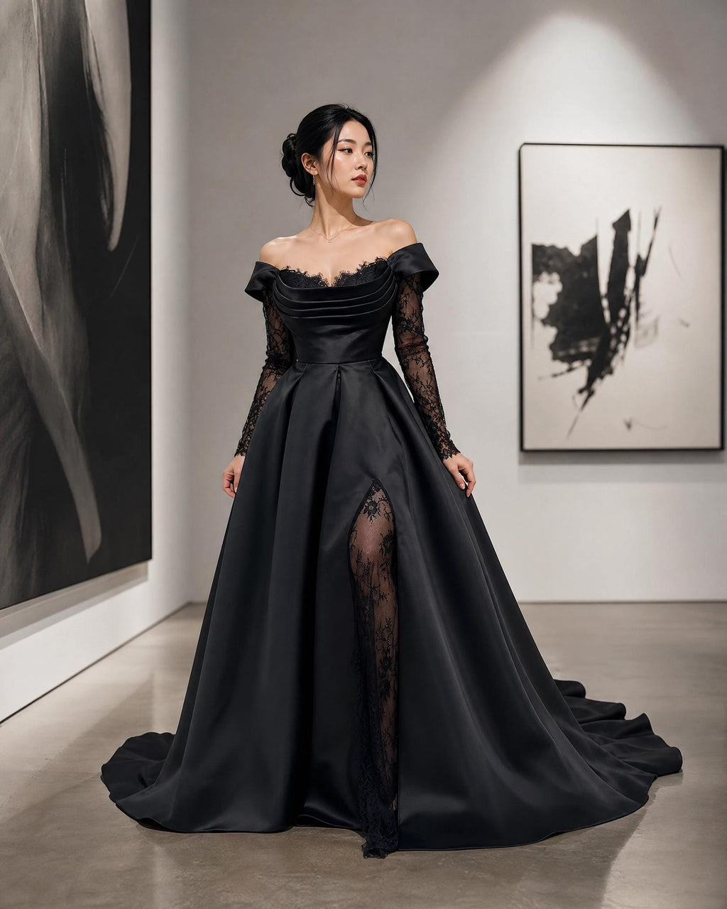 Black Off Shoulder Satin Ball Gown | Lace Sleeve Evening Dress | Elegant Formal Gown with Train | Gothic Wedding Guest Dress | Custom Made