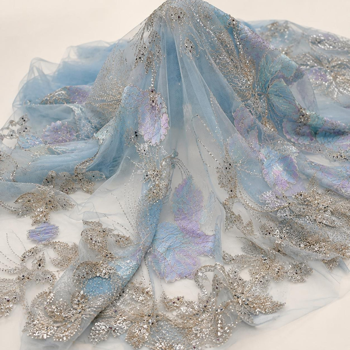 Ice Blue Beaded Lace Fabric by the Yard, Lavender Floral Embroidered Sequin Mesh, Luxury Bridal Wedding Prom Evening Gown Fabric