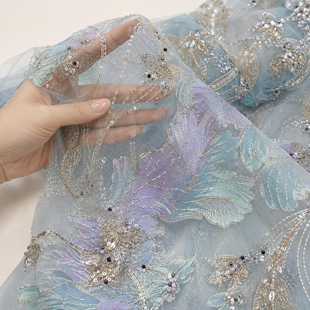 Ice Blue Beaded Lace Fabric by the Yard, Lavender Floral Embroidered Sequin Mesh, Luxury Bridal Wedding Prom Evening Gown Fabric