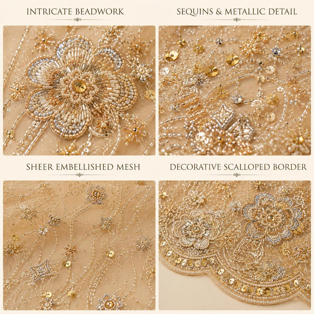 Champagne Gold Beaded Lace Fabric by the Yard, Sequin Embroidered Mesh with Scalloped Border, Bridal Prom Evening Gown Fabric