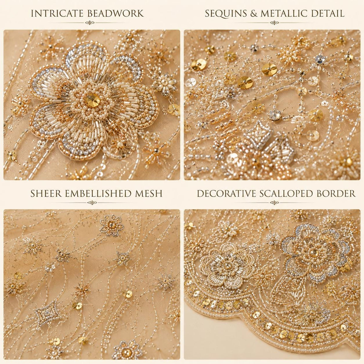 Champagne Gold Beaded Lace Fabric by the Yard, Sequin Embroidered Mesh with Scalloped Border, Bridal Prom Evening Gown Fabric
