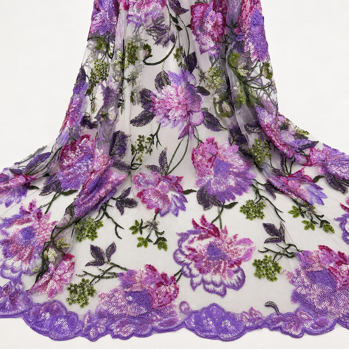 Purple Floral Sequin Lace Fabric by the Yard, Pink Lavender Embroidered Mesh Tulle, 3D Flower Lace for Prom Bridal Evening Gown