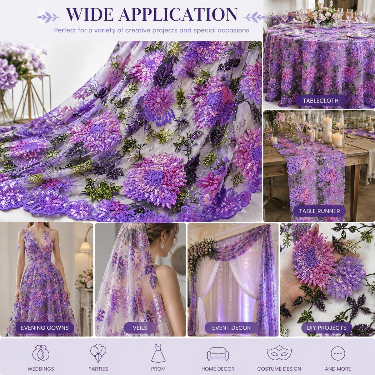 Purple Floral Sequin Lace Fabric by the Yard, Pink Lavender Embroidered Mesh Tulle, 3D Flower Lace for Prom Bridal Evening Gown
