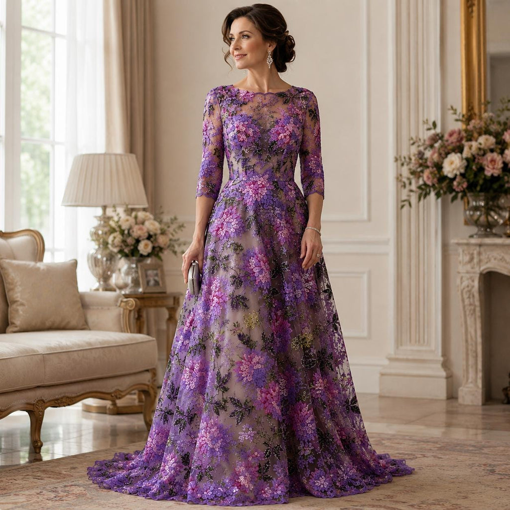 Purple Floral Sequin Lace Fabric by the Yard, Pink Lavender Embroidered Mesh Tulle, 3D Flower Lace for Prom Bridal Evening Gown