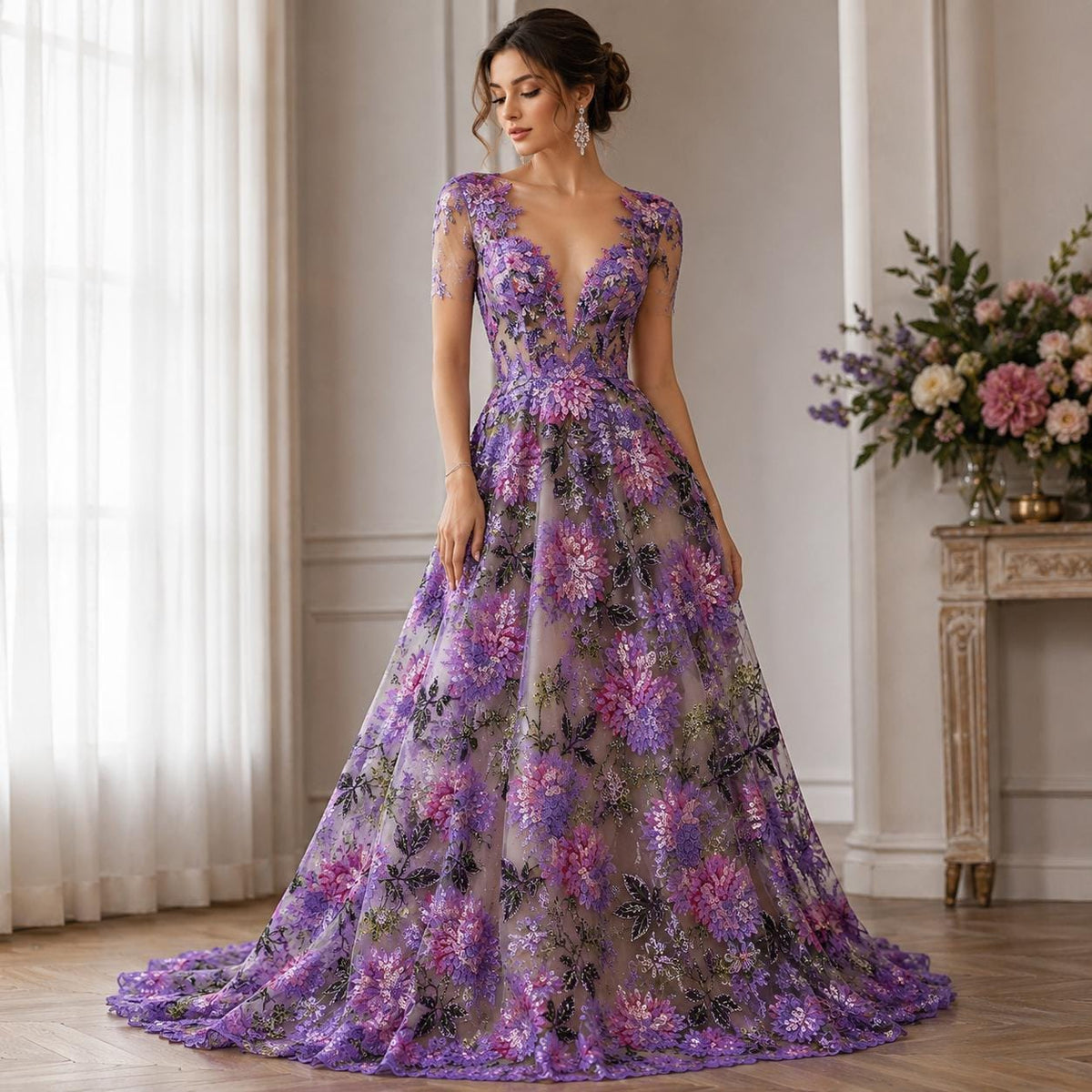 Purple Floral Sequin Lace Fabric by the Yard, Pink Lavender Embroidered Mesh Tulle, 3D Flower Lace for Prom Bridal Evening Gown