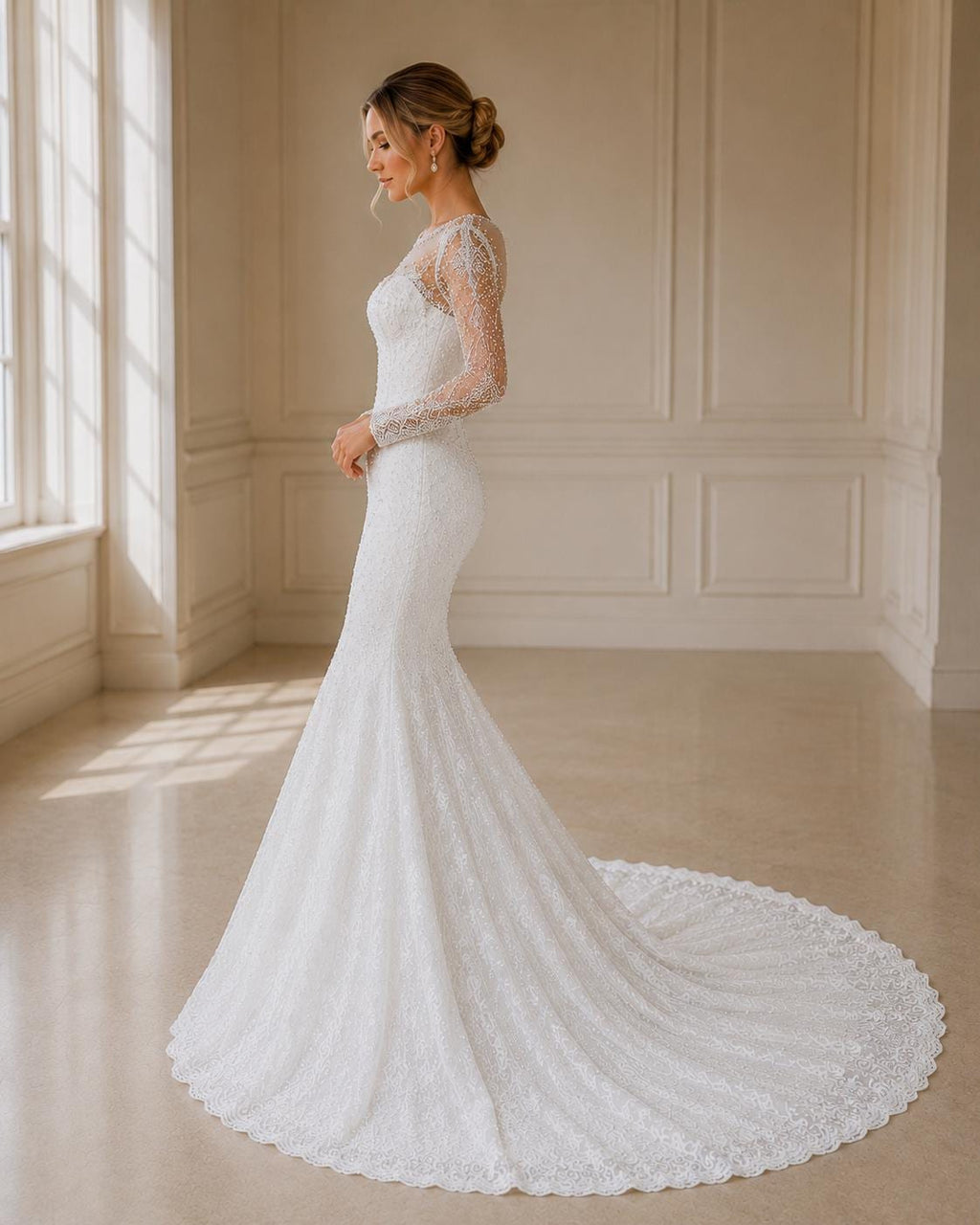 Sweetheart Beaded Mermaid Wedding Dress with Illusion Sleeves