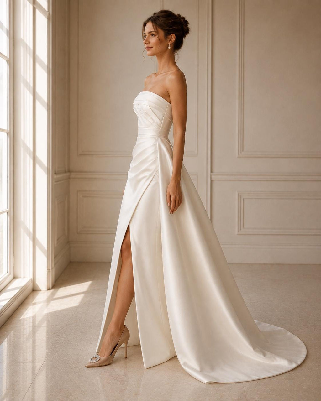 Strapless Draped Satin Wedding Dress with Slit