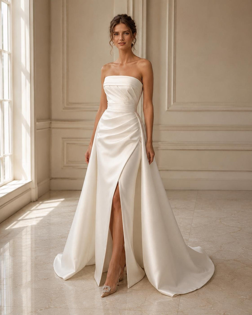 Strapless Draped Satin Wedding Dress with Slit