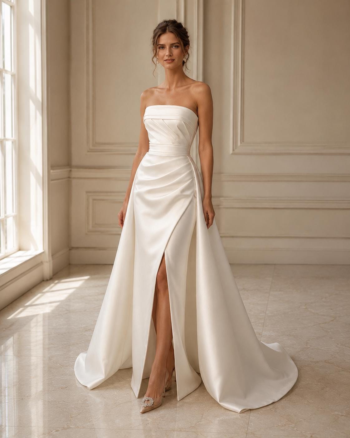 Strapless Draped Satin Wedding Dress with Slit