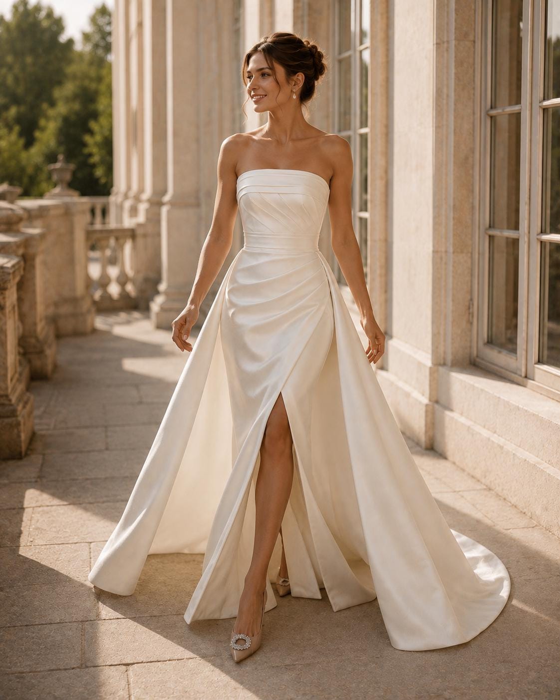 Strapless Draped Satin Wedding Dress with Slit