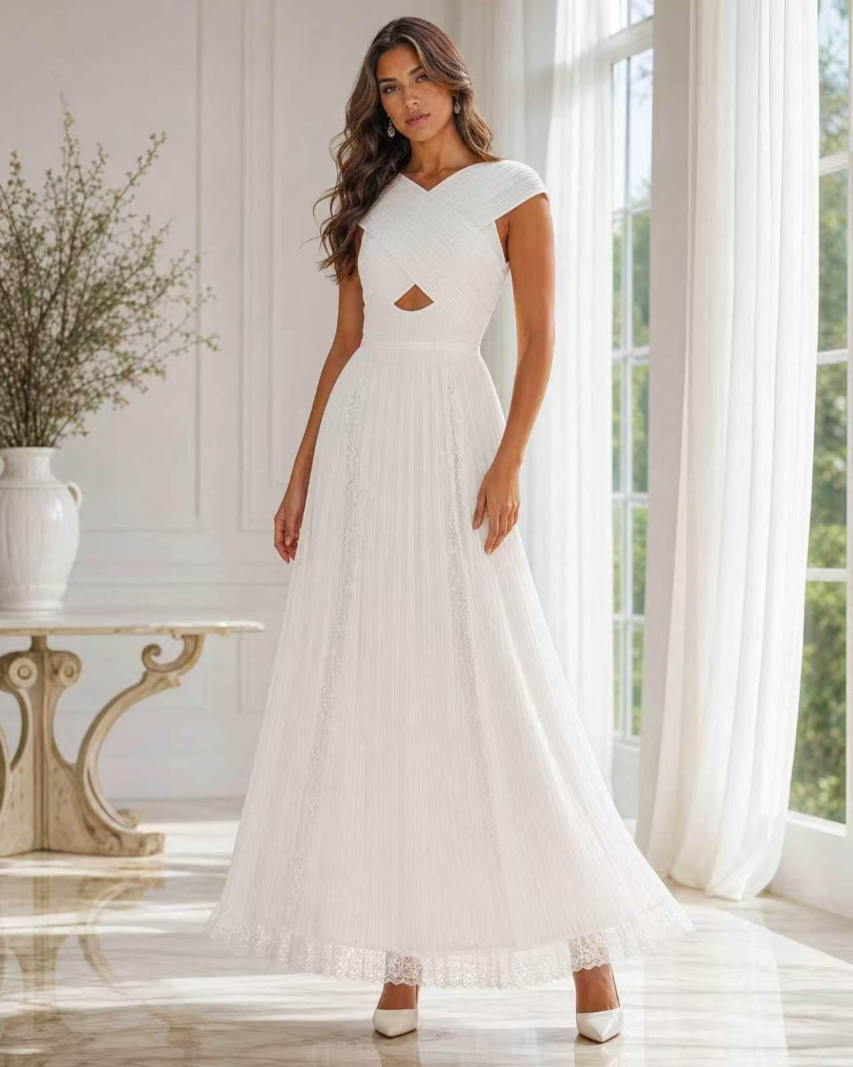 White Crossover Halter Pleated Maxi Dress