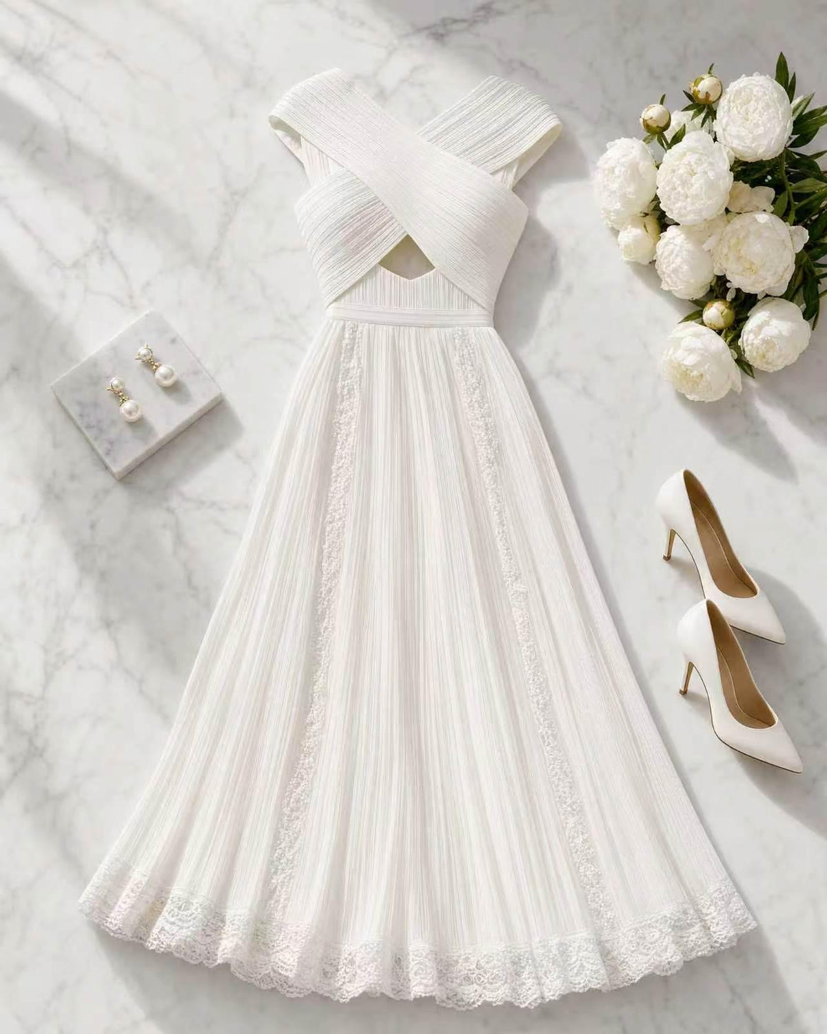 White Crossover Halter Pleated Maxi Dress