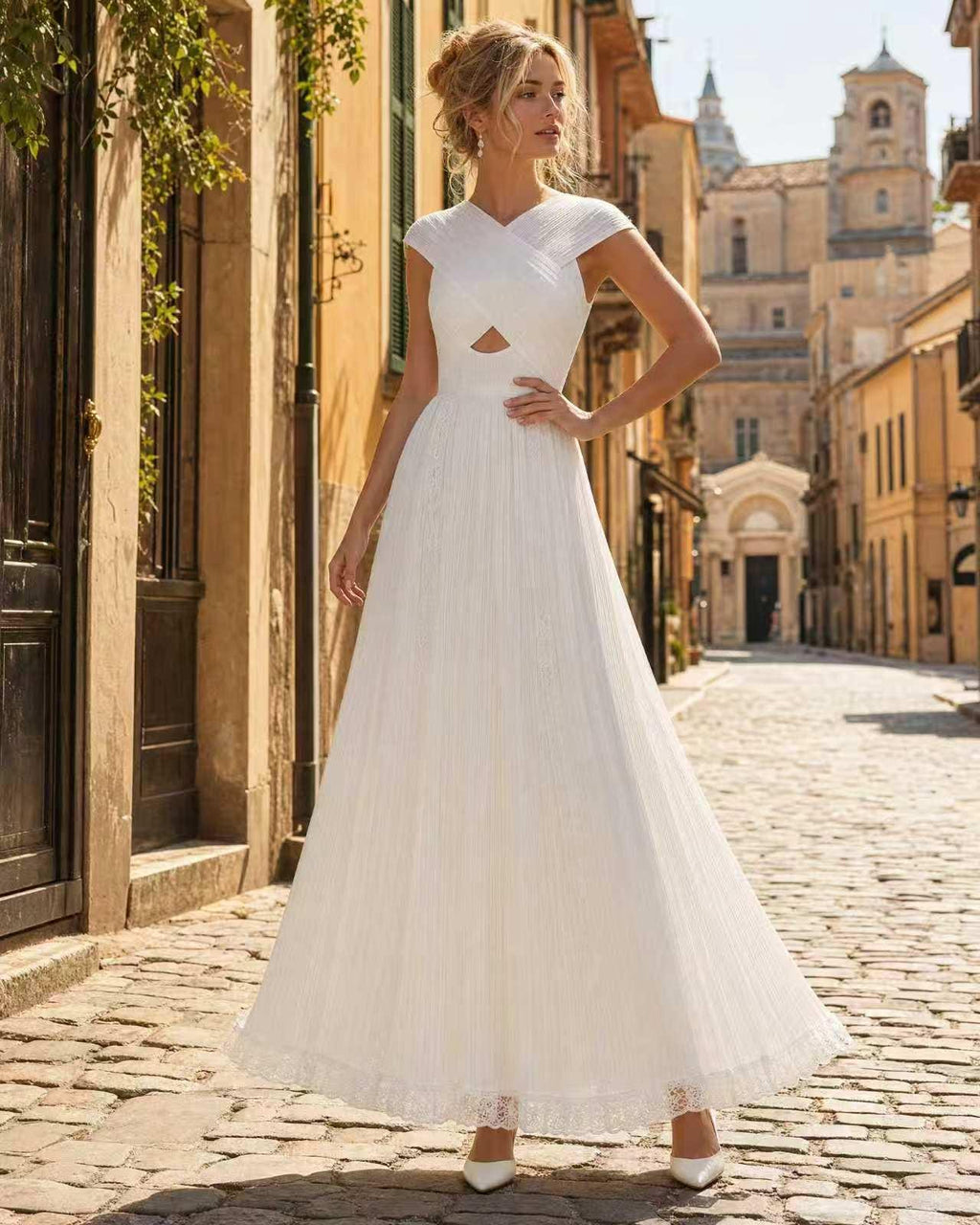 White Crossover Halter Pleated Maxi Dress