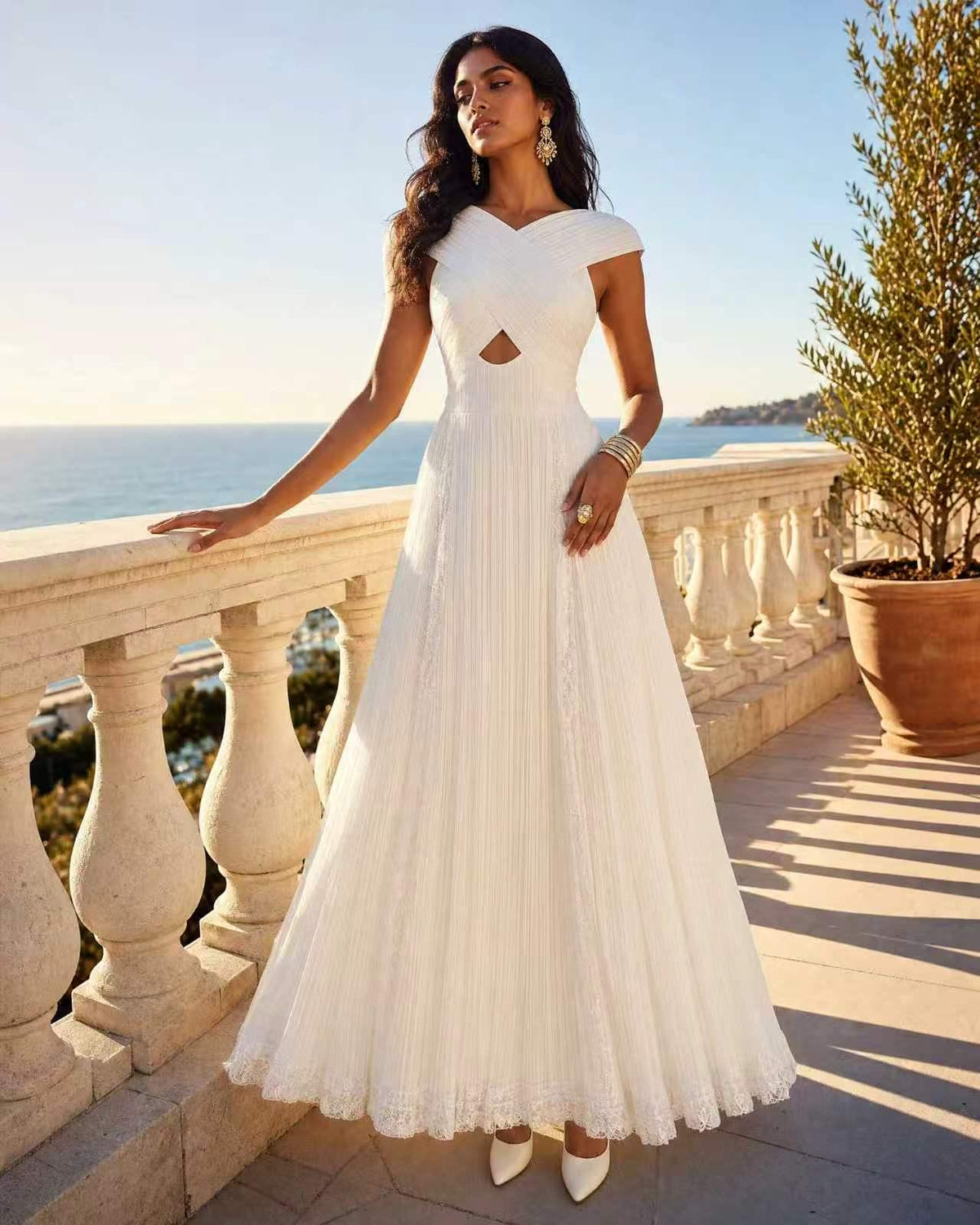 White Crossover Halter Pleated Maxi Dress