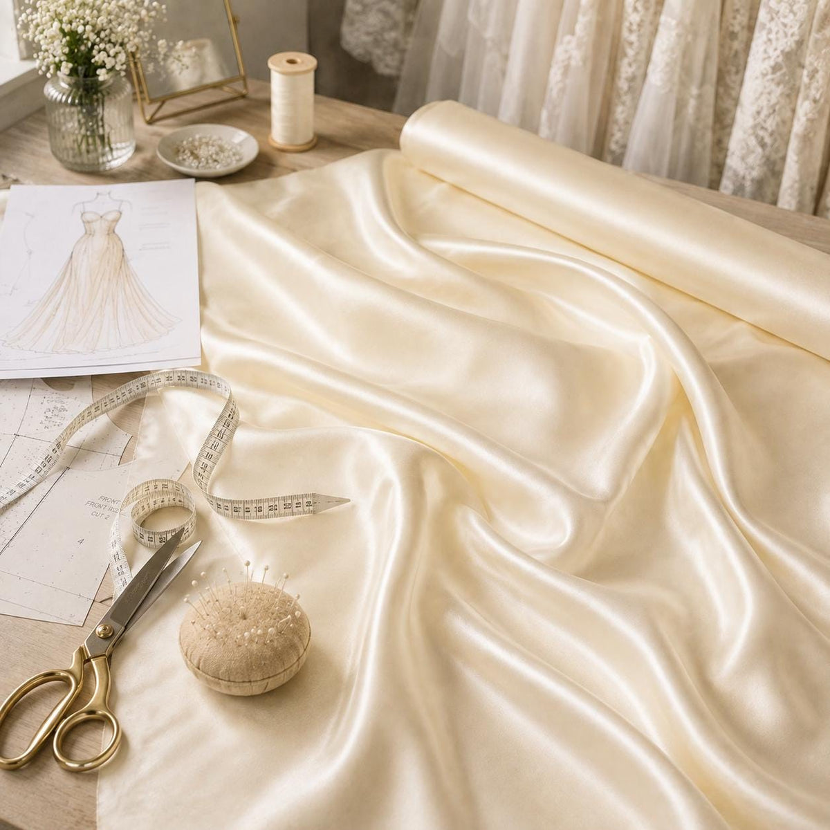 Cream Stretch Satin Fabric by the Yard