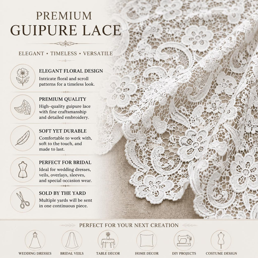 White Floral Guipure Lace Fabric by the Yard, Venice Lace Fabric, Bridal Wedding Dress Lace, Heavy Crochet Lace, Couture Sewing Fabric