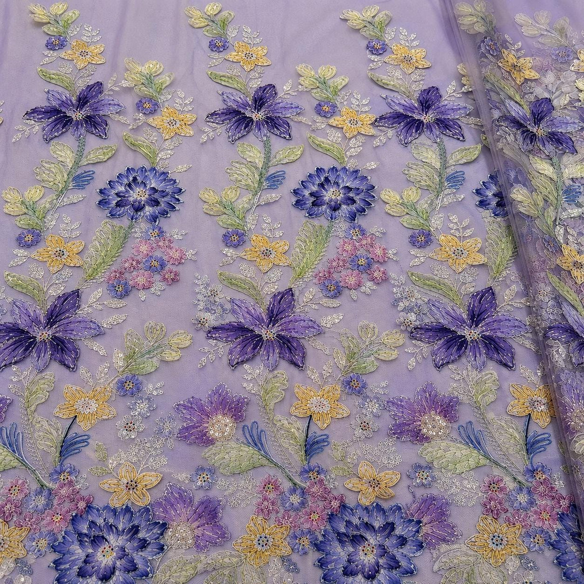 Lavender Floral Embroidered Lace Fabric by the Yard, Beaded Sequin Tulle Mesh, Couture Fabric for Evening Gown, Prom Dress