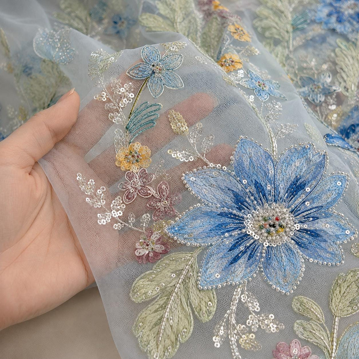 Ice Blue Floral Embroidered Lace Fabric by the Yard, Beaded Sequin Tulle Mesh for Evening Gown, Prom Dress & Couture