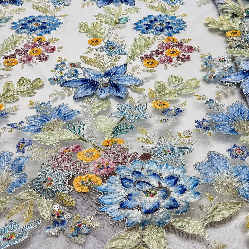 Ice Blue Floral Embroidered Lace Fabric by the Yard, Beaded Sequin Tulle Mesh for Evening Gown, Prom Dress & Couture