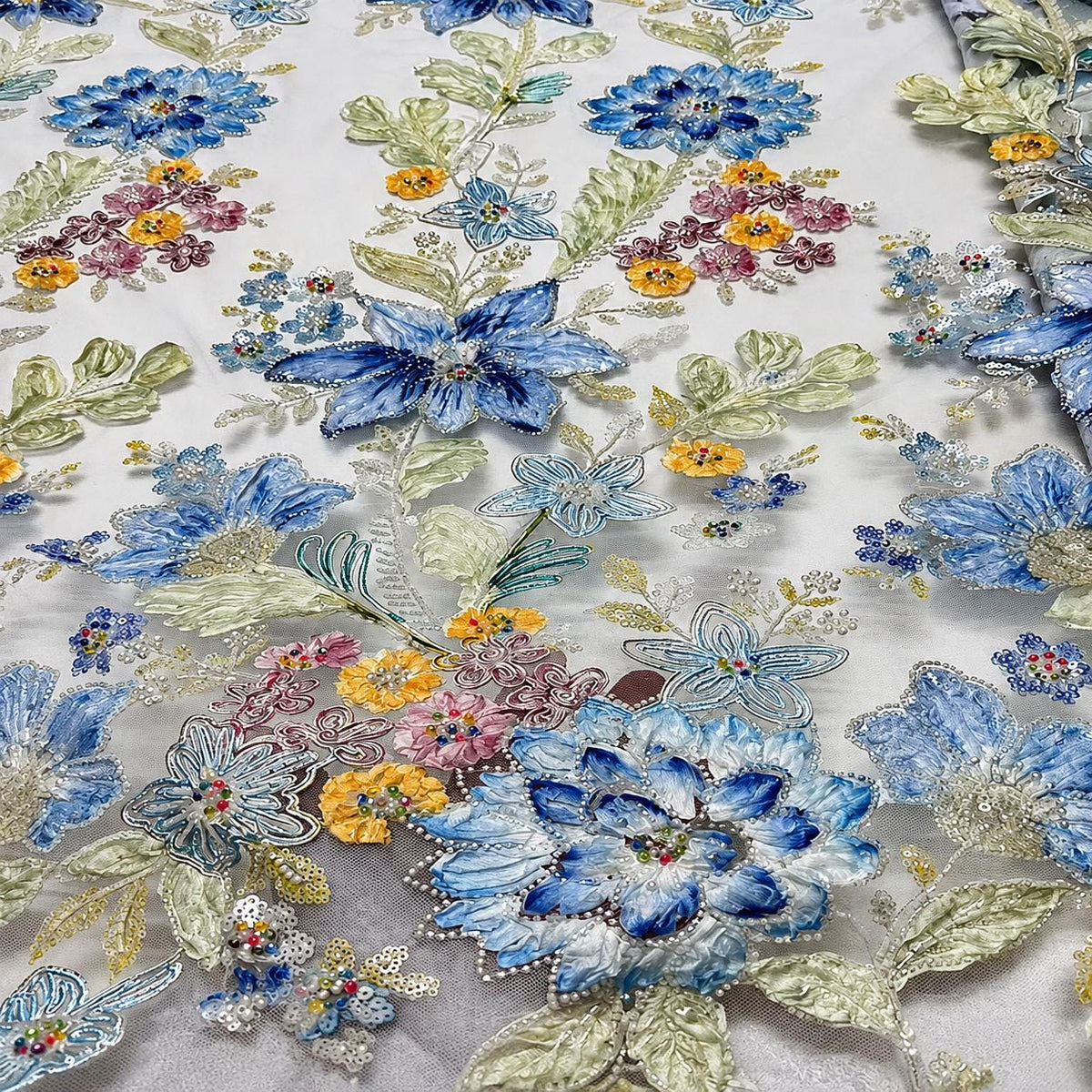 Ice Blue Floral Embroidered Lace Fabric by the Yard, Beaded Sequin Tulle Mesh for Evening Gown, Prom Dress & Couture