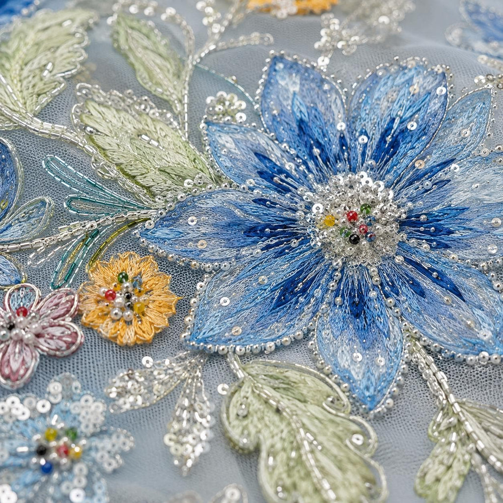 Ice Blue Floral Embroidered Lace Fabric by the Yard, Beaded Sequin Tulle Mesh for Evening Gown, Prom Dress & Couture