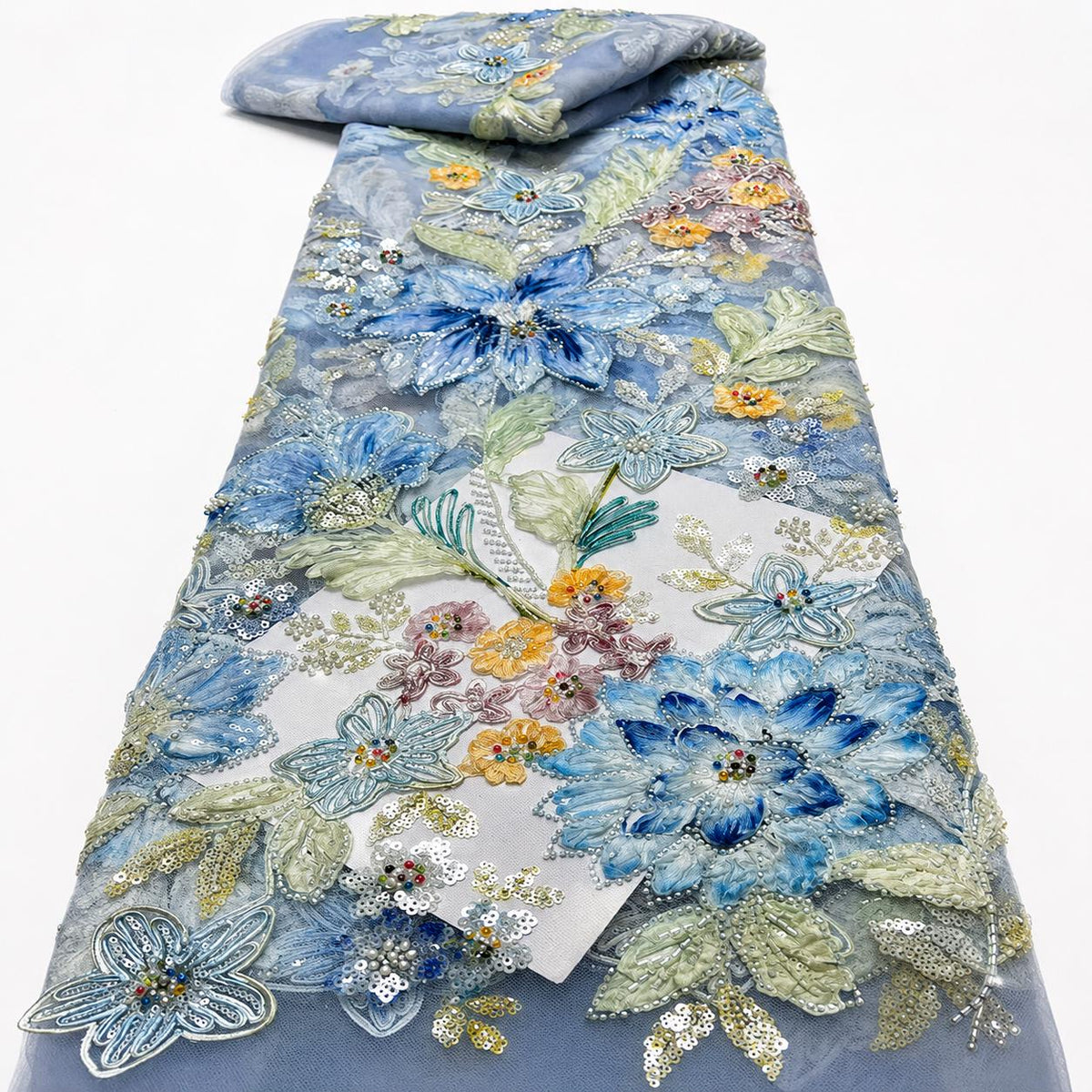 Ice Blue Floral Embroidered Lace Fabric by the Yard, Beaded Sequin Tulle Mesh for Evening Gown, Prom Dress & Couture