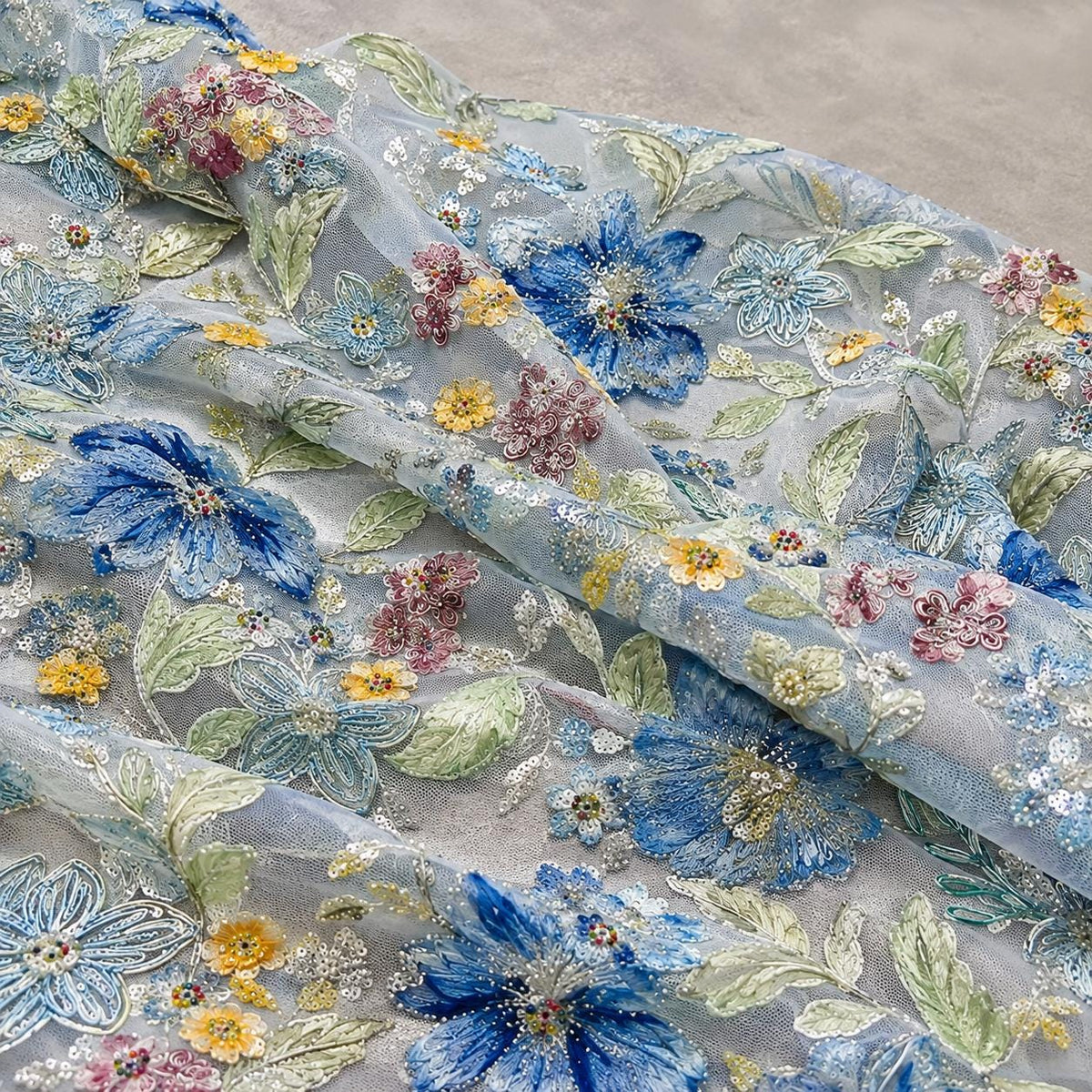 Ice Blue Floral Embroidered Lace Fabric by the Yard, Beaded Sequin Tulle Mesh for Evening Gown, Prom Dress & Couture