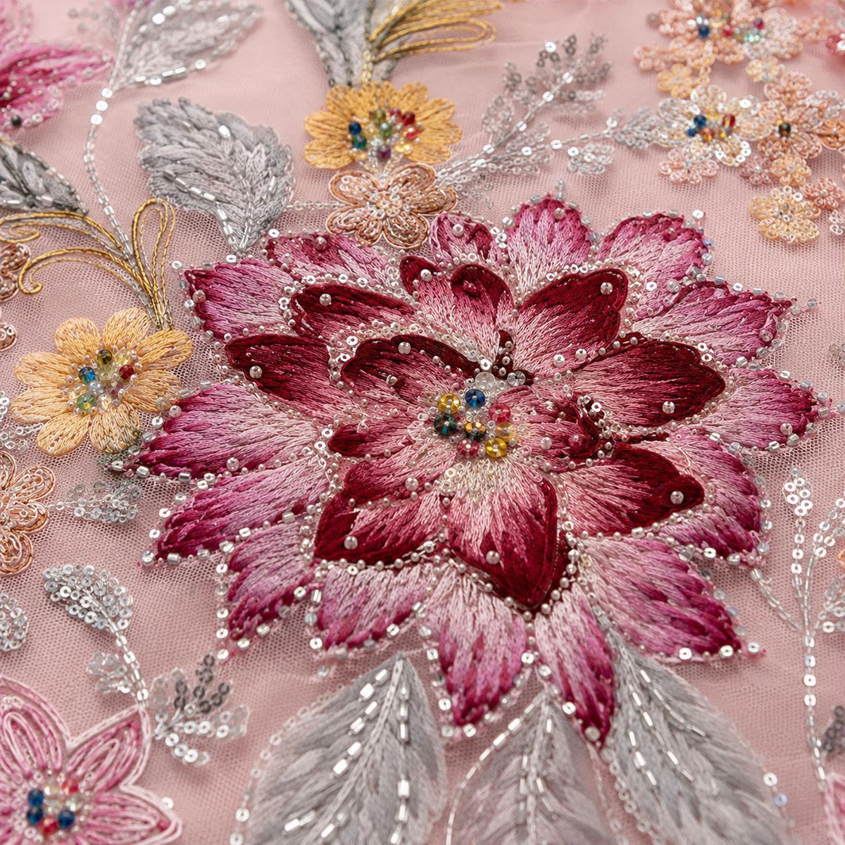 Couture Embroidered Tulle Fabric by the Yard, Dusty Blush Pink Floral Beaded Sequin Mesh, Luxury Lace for Designer Gowns & Dressmaking